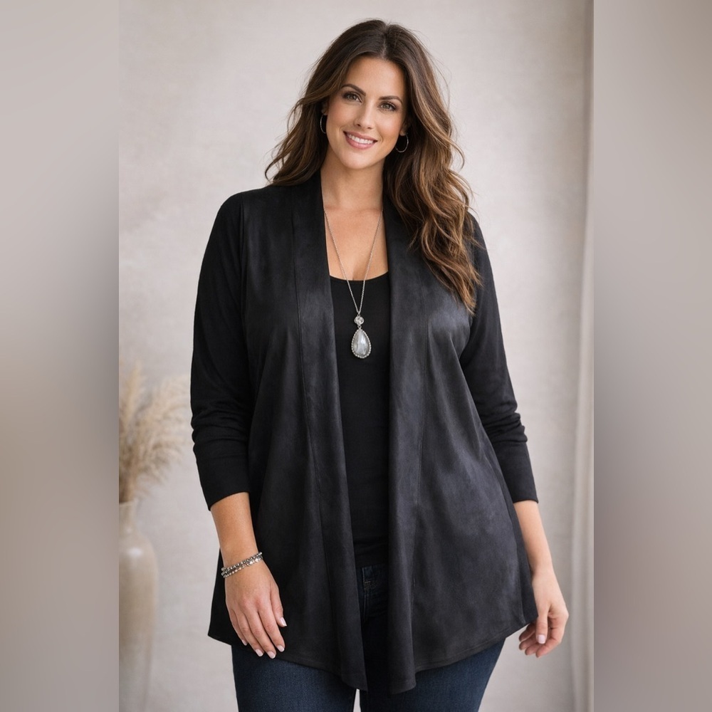 Lane Bryant Women Cardigan Plus Sz 18 20 Black Faux Leather Open Front Ribb Knit